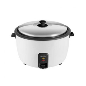 A white Sharp Rice Cooker 4.5L model KSH458CWH sitting on a kitchen counter.