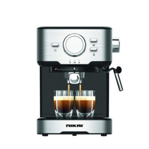 A sleek Nikia Coffee Machine NEM1990A sitting on a modern kitchen countertop.