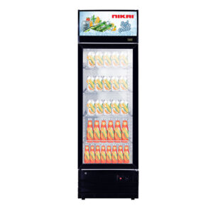 A sleek Nikai Showcase Chiller NSF400 standing in a commercial retail environment.