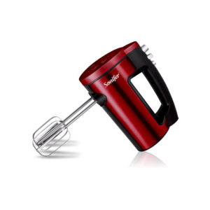 A sleek Sonifer hand mixer SF-7028 with stainless steel beaters on a kitchen counter.