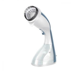 A sleek Sonifer SF-9070 handheld garment steamer being used to remove wrinkles from a hanging shirt.