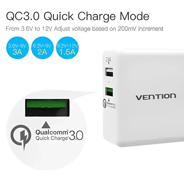 Vention 2.4A + QC3.0 Dual USB Charger - QC02-W