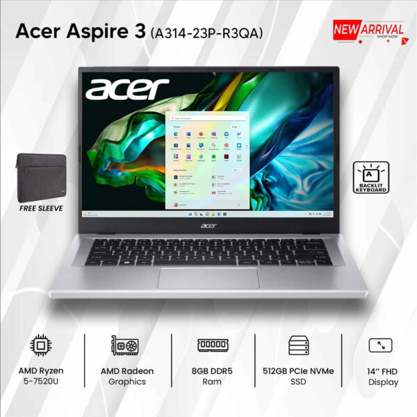 Acer Aspire 3 A314-23P-R3QA Ryzen 5 7520U 512GB SSD 8GB Ram 14" Win 11 Pure Silver Laptop