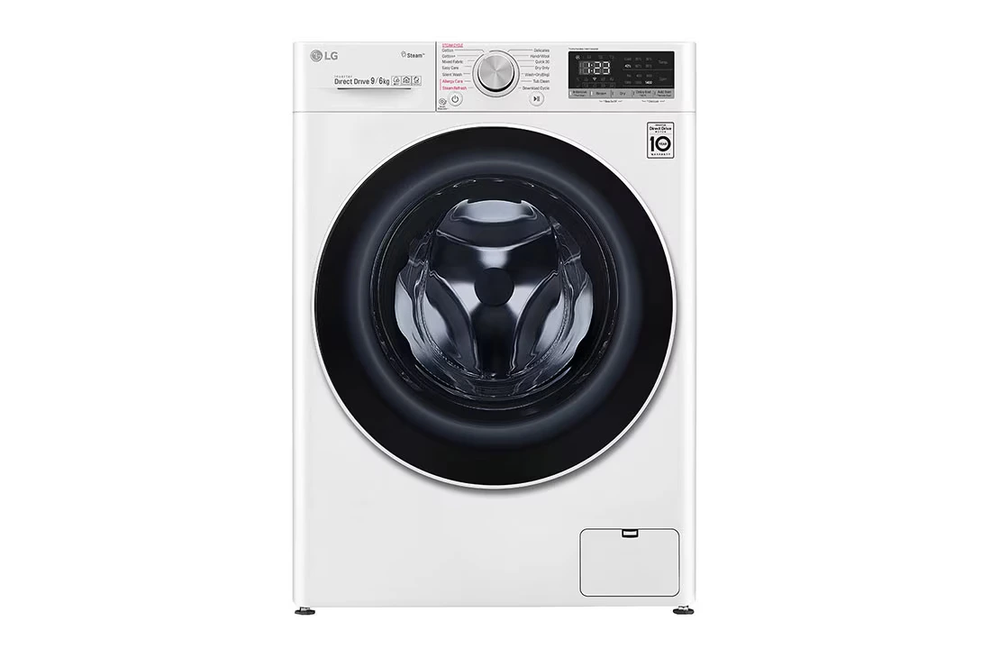Front view of LG F4V5VGP0W washer dryer combo control panel, white