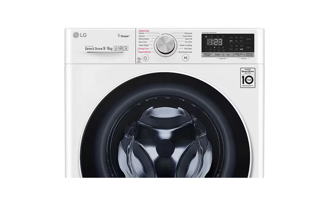 Top view, LG F4V5VGP0W washer dryer combo control panel, white