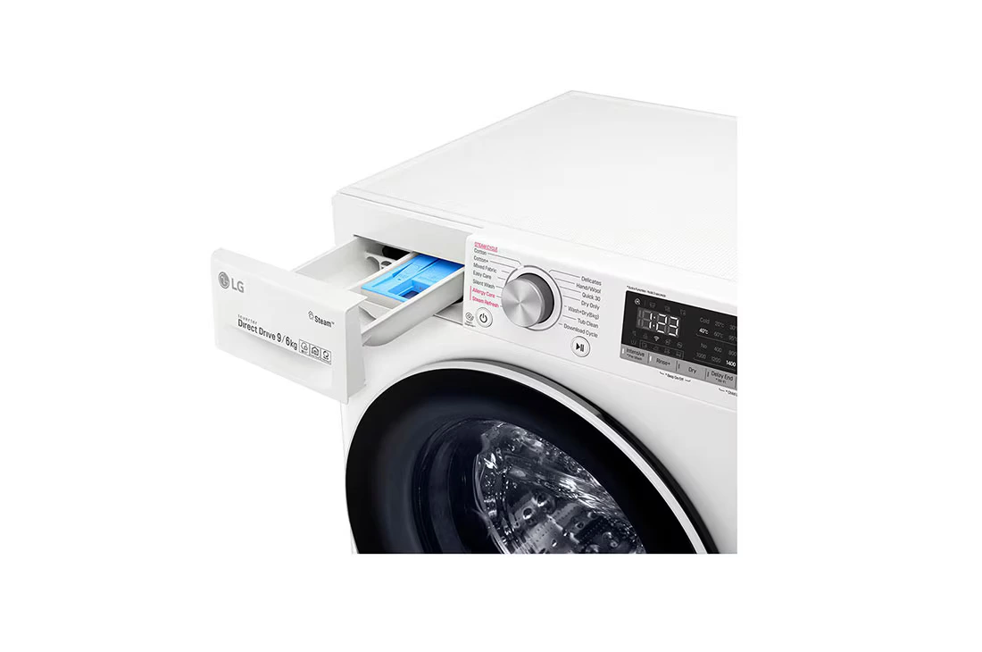 Side angled view of LG F4V5VGP0W washer dryer combo control panel, white