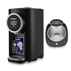 A sleek black Sonifer Electric Air Pot sitting on a kitchen counter.