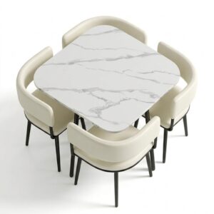 Square Marble Dinning Table White with 4 Chairs set in a contemporary dining room arrangement