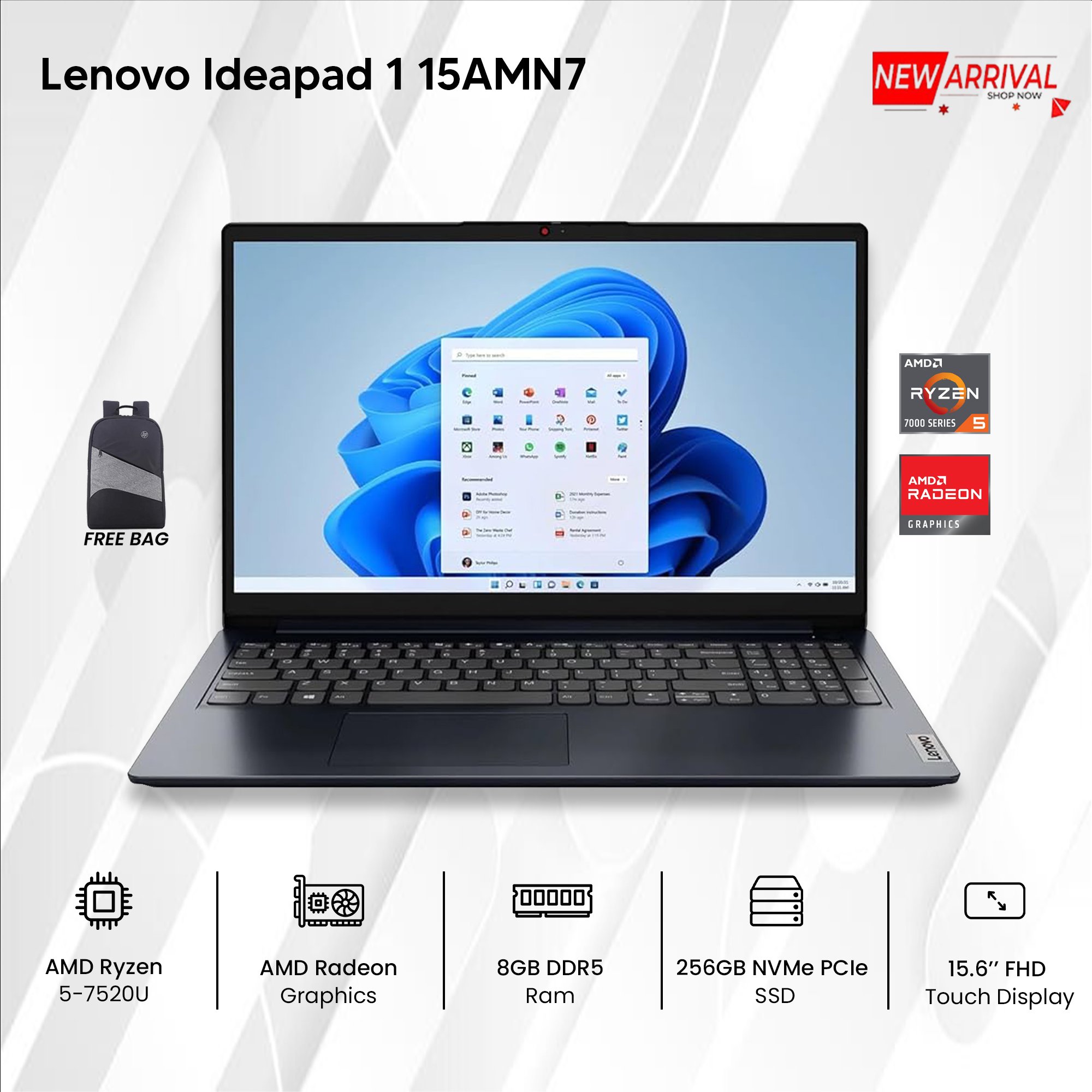 Lenovo IdeaPad 1 15AMN7 Ryzen 5-7520U, 8GB RAM, 256GB SSD, 15.6'' FHD, Touchscreen, Windows 11, Abyss Blue Laptop