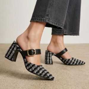 Charles & Keith Tweed Pointed-Toe Mary Jane Heeled Mules Black Textured - Size: 38/39